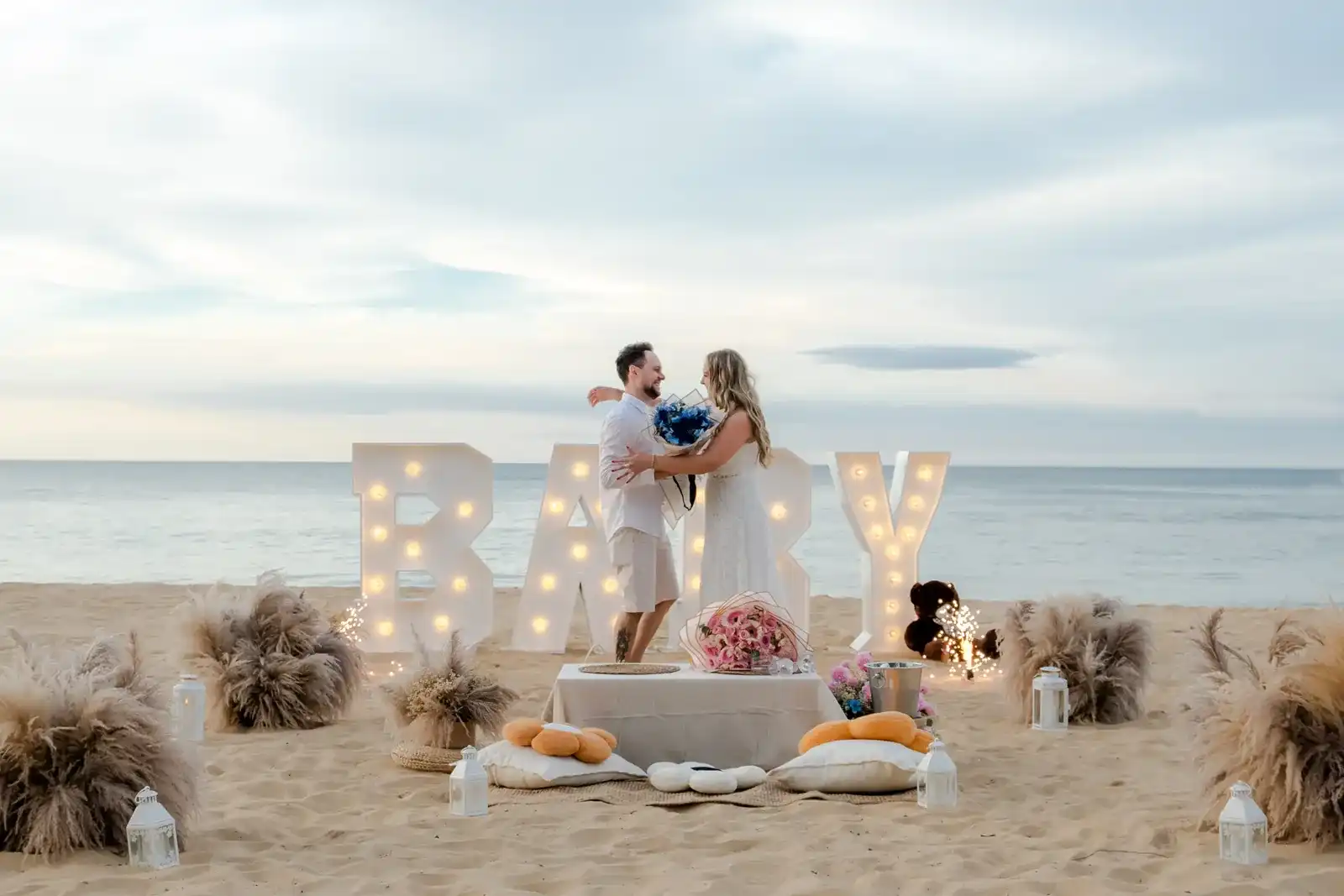 Custom gender reveal setup on a Punta Cana beach